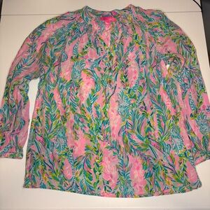 Lilly Pulitzer Pink and Blue Floral Top 100% Silk Size Small